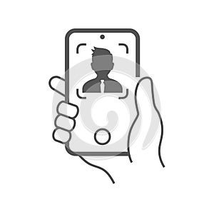 Human hand holding smartphone taking photo for selfie line art icon vector illustration. EPS 10