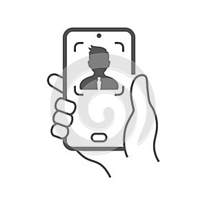 Human hand holding smartphone taking photo for selfie line art icon vector illustration. EPS 10