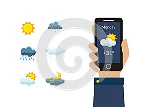 Human Hand Holding Smartphone with Weather Forecast Application, Sun, Clouds, Thunderstorm, Night and Day Design