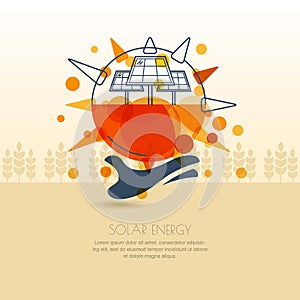 Human hand holding sun with solar battery. Vector outline illustration of solar alternative energy generator.