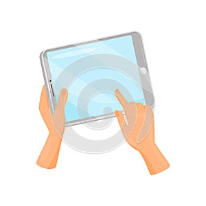 Human hand holding tablet computer and touching screen with finger. Modern gadget. Flat vector design