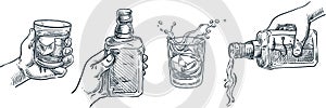 Human hand holding whiskey glass. Scotch whisky or brandy pouring out of bottle. Vector hand drawn sketch illustration