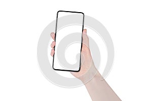 Human hand holds black smartphone blank screen white background isolated close up, woman`s hand holding mobile phone, cellphone