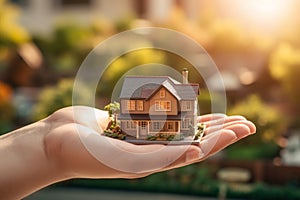 Human hand holds a miniature house or home model, new house, property insurance concept. Mortgage, home loan. Generative AI