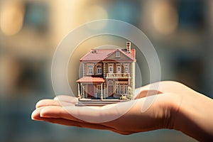 Human hand holds a miniature house or home model, new house, property insurance concept. Mortgage, home loan. Generative AI