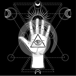 Human hand holds a sacred pyramid of knowledge, an all-seeing eye. photo