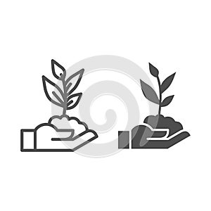 Human hand holds seedling with leaves line and solid icon, agriculture concept, sprout with handful of soil on hand sign