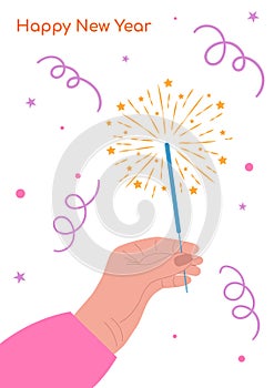 A human hand holds a sparkler, there are serpentines and sparks around, the inscription Happy New Year. Holiday card