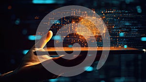 AI Brain Interface on Tablet Human Hand Connecting to Artificial Intelligence, Technology, Innovation