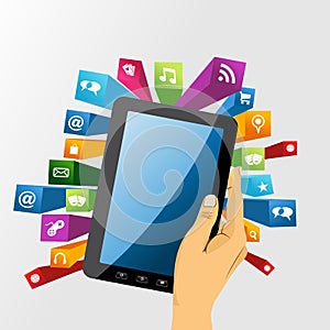 Human hand holds tablet pc with app icons.