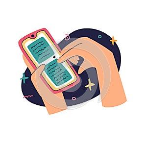A human hand holds a telephone. Icon of a gesture of holding a smartphone with a chat. Cartoon style. Vector