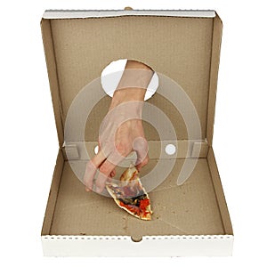 Human hand through hole in box takes last piece of pizza, isolated on white background, concept of fast food