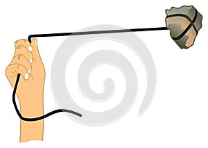 Human hand hovering a rope tied to stone flat design vector drawing photo