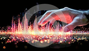 Human hand interacting with colorful digital data visualization in a futuristic setting