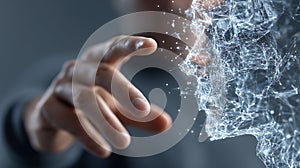 Human hand interacting with a complex network of data connectivity representing technology and digital innovation in the modern