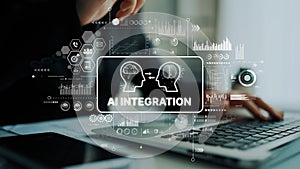 Human hand interacting with digital interface and symbols representing artificial intelligence integration and data