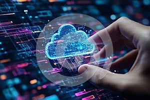 Human Hand Interacting with Futuristic Digital Cloud Computing Network