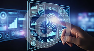Hand Interacting with Futuristic Digital Interface and Data Analytics