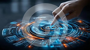 Human hand interacts with futuristic digital interface technology.