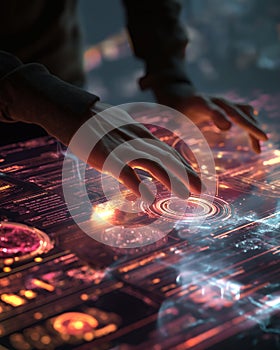 Human hand interacts with a futuristic interactive interface table.