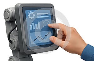 hand touching touchscreen panel of industrial robot