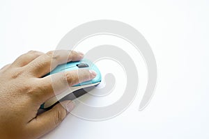 human hand on a light blue wireless mouse