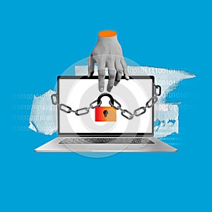Human hand locking laptop screen with chain and padlock over binary code. Cybersecurity service ad. Securing data