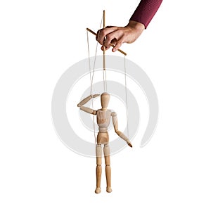 The human hand with marionette on the strings.