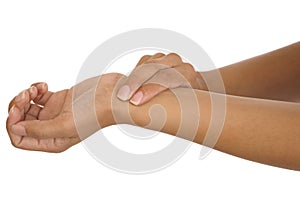 Human hand measuring arm pulse