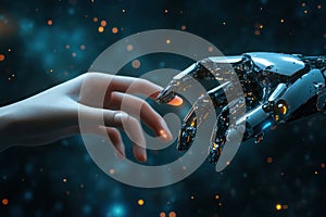 Human hand meets robotic hand in modern collage representing the contest between human intellect and artificial photo