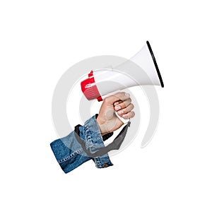 Human hand with megaphone isolated on white