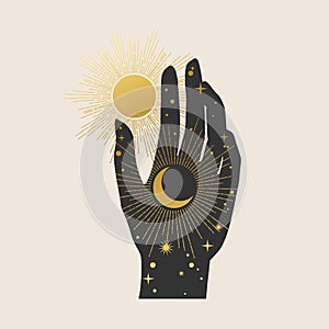 Human hand, moon and sun. Vector illustration in boho style.