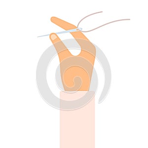Human hand with needle and thread flat isolated