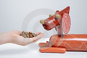 Human hand offering processed food to dog made from real sausages, with eyes and nose from olives