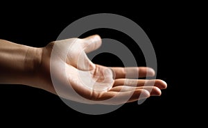 Human hand with an open palm, reaching out isolated on black background. Generative AI illustration