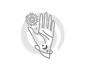 Human hand open in stop gesture reach out to sun, moon and star. Galaxy planet space concept design. Vector illustration