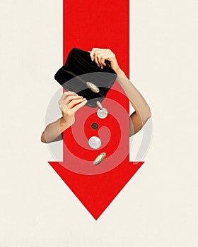 Human hand opening almost empty wallet with coins falling down over giant red arrow. No money. Contemporary art collage.