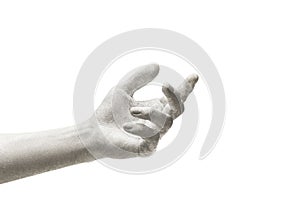 Human hand painted white gesturing isolated on white studio background. Concept of human relation, symbolism, culture