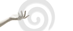 Human hand painted white gesturing isolated on white studio background. Concept of human relation, symbolism, culture
