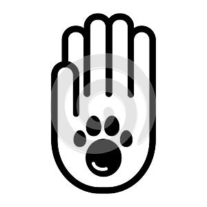 Human hand and paw inside simple vector icon. Black and white illustration of adopt pet. Outline linear icon.