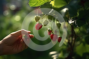 Human hand picking a low hanging perfect strawberry from a tree. Generative AI