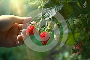 Human hand picking a low hanging perfect strawberry from a tree. Generative AI
