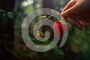 Human hand picking a low hanging perfect strawberry from a tree. Generative AI