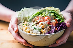 human hand placing a dollop of sour cream over a veggie burrito bowl