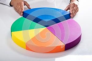 Human hand placing final piece into pie chart