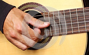 Human hand playing guitar