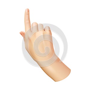 Human hand pointing finger. Realistic hand woman arm, choice and direction sign, showing or click on button, idea symbol