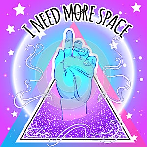 Human hand pointing on something inside pyramid symbol. I need more space. Trendy Galaxy vector art. Hand-drawn ink illustration.