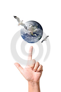 Human hand pointing the world and birds