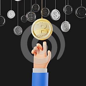 A human hand points to a golden Bitcoin among other silver currency coins, against a dark background, symbolizing cryptocurrency